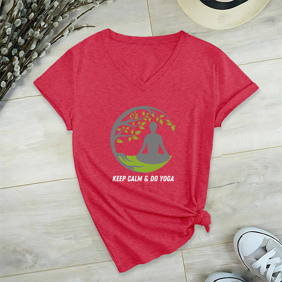 Olivenorma Keep Calm & Do Yoga Circular Tree Meditation Figure Graphic Women's V Neck T-Shirt - Rosso - 2XL - image 27