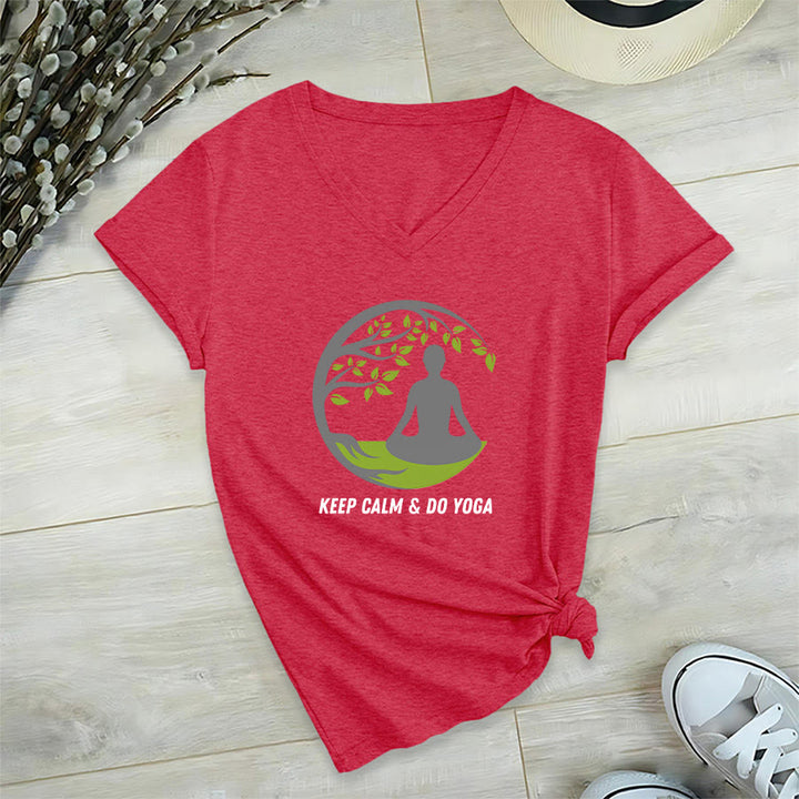 Olivenorma Keep Calm & Do Yoga Circular Tree Meditation Figure Graphic Women's V Neck T-Shirt - Rosso - 2XL - image 27