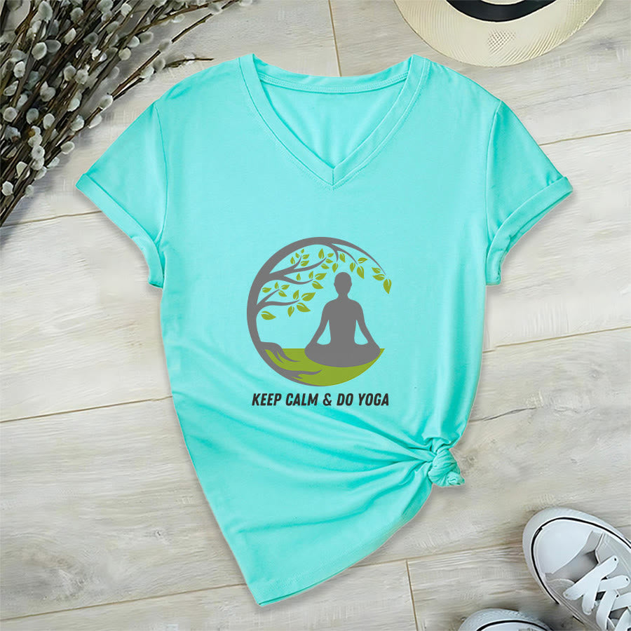 Olivenorma Keep Calm & Do Yoga Circular Tree Meditation Figure Graphic Women's V Neck T-Shirt - Lago Blu - 2XL - image 12