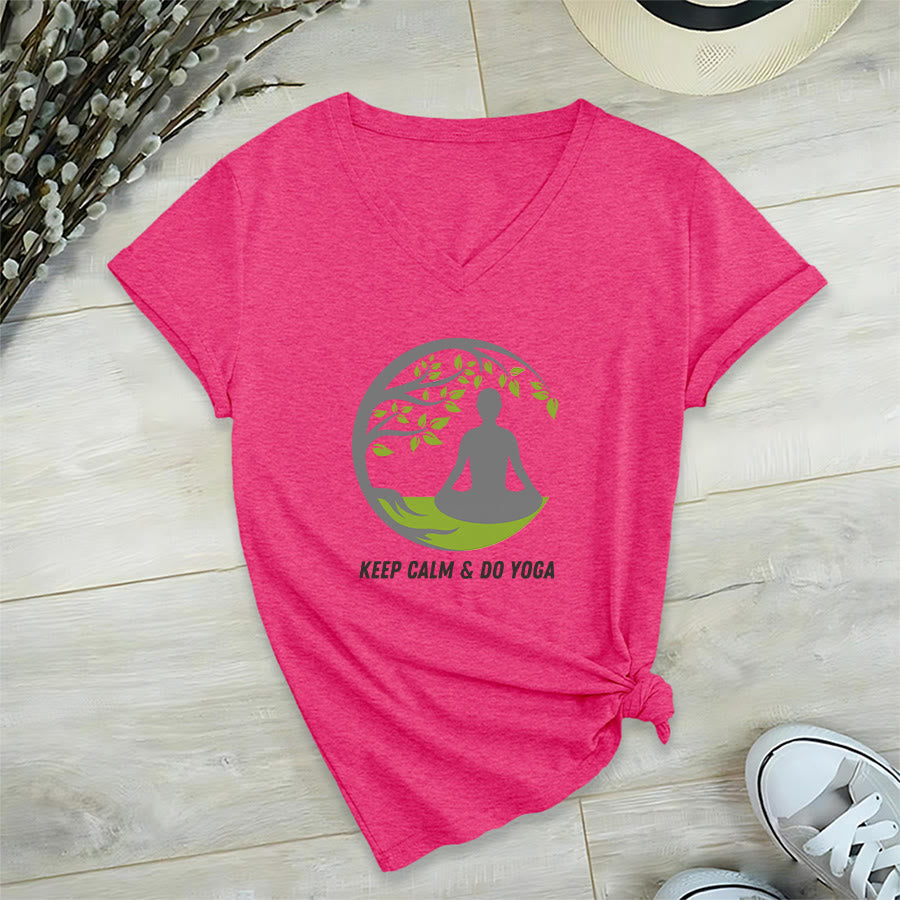 Olivenorma Keep Calm & Do Yoga Circular Tree Meditation Figure Graphic Women's V Neck T-Shirt - Rosso rosa - 2XL - image 33
