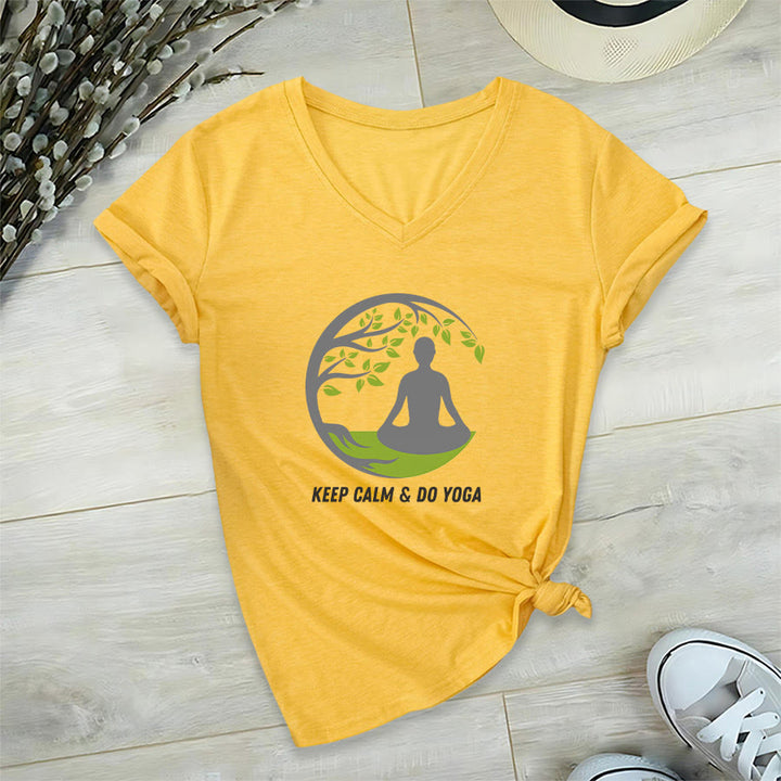 Olivenorma Keep Calm & Do Yoga Circular Tree Meditation Figure Graphic Women's V Neck T-Shirt - Giallo - 2XL - image 30