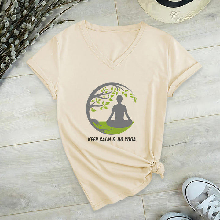 Olivenorma Keep Calm & Do Yoga Circular Tree Meditation Figure Graphic Women's V Neck T-Shirt - Cachi - 2XL - image 3