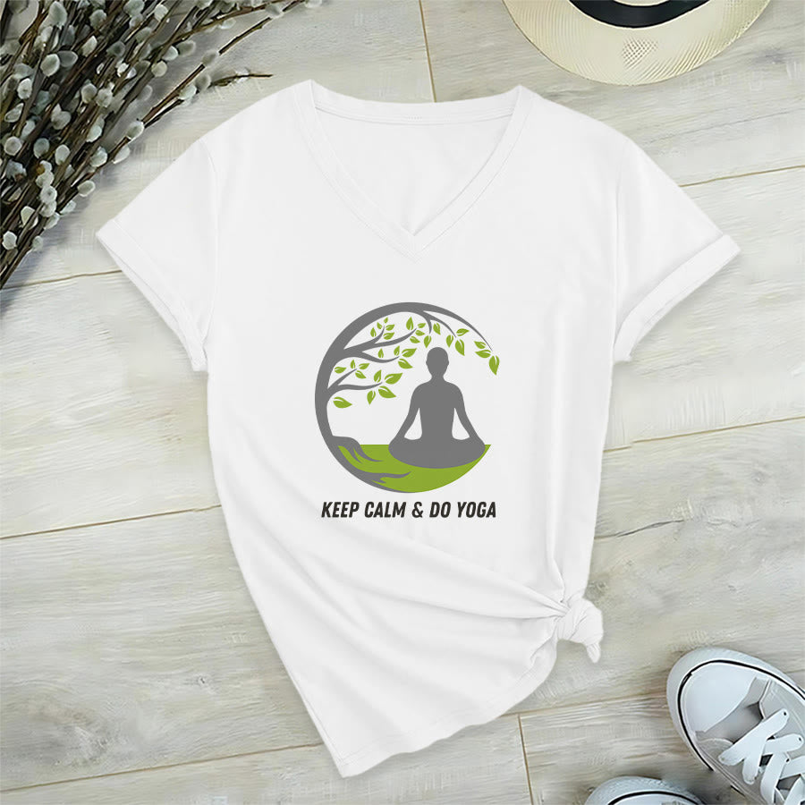 Olivenorma Keep Calm & Do Yoga Circular Tree Meditation Figure Graphic Women's V Neck T-Shirt - Bianco - 2XL - image 21