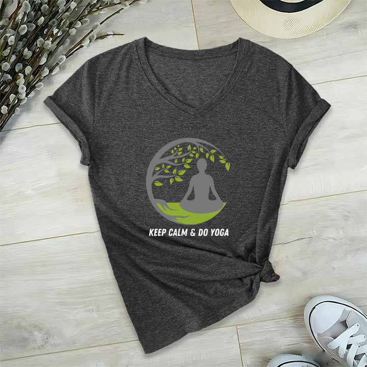 Olivenorma Keep Calm & Do Yoga Circular Tree Meditation Figure Graphic Women's V Neck T-Shirt - Grigio - 2XL - image 18