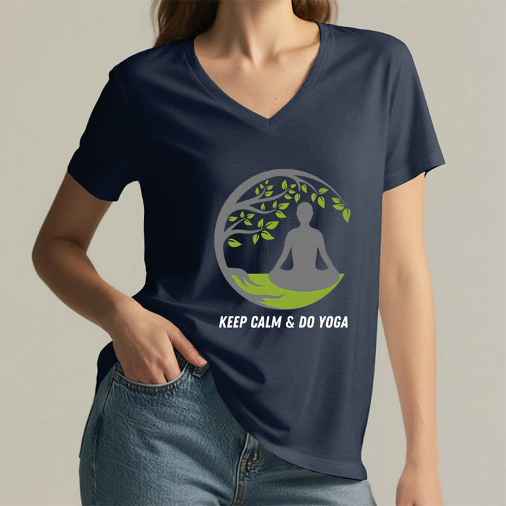 Olivenorma Keep Calm & Do Yoga Circular Tree Meditation Figure Graphic Women's V Neck T-Shirt - image 26