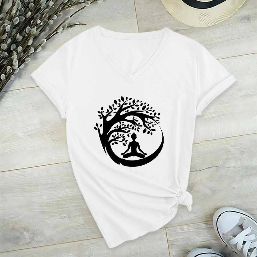 Maglietta da donna con scollo a V Olivenorma Enso Circle Tree Branch Meditation Silhouette Graphic. - Bianco - 2XL - image 3