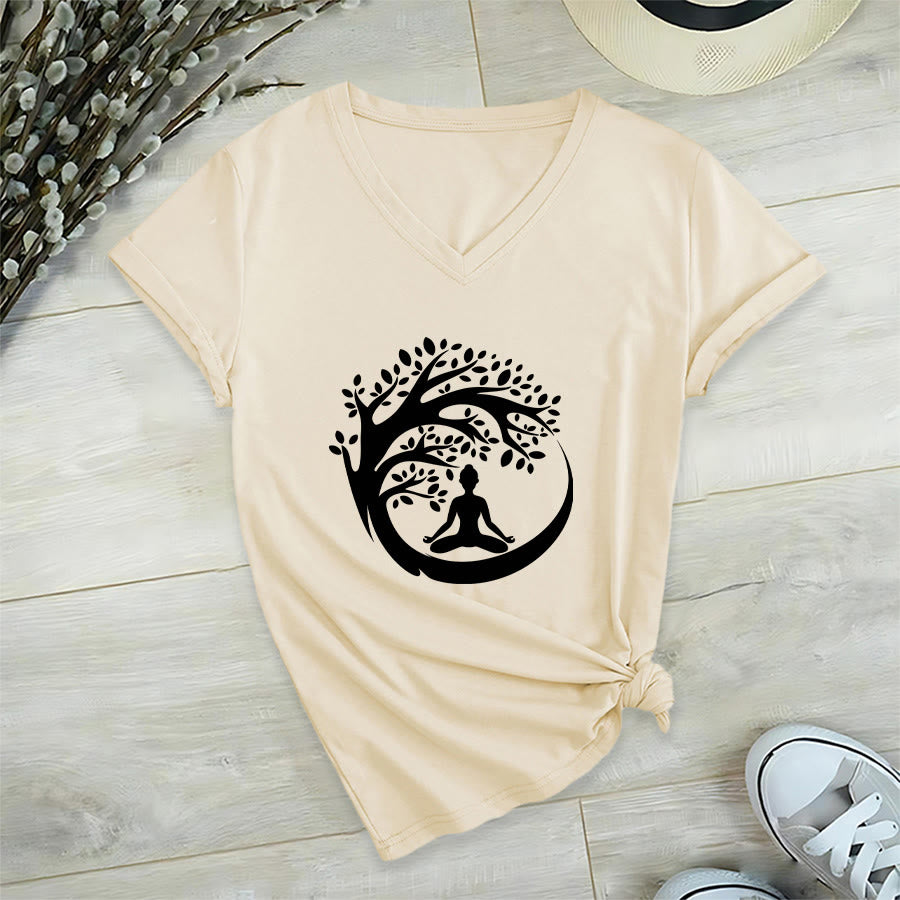 Maglietta da donna con scollo a V Olivenorma Enso Circle Tree Branch Meditation Silhouette Graphic. - Cachi - 2XL - image 12