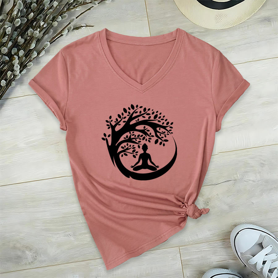 Maglietta da donna con scollo a V Olivenorma Enso Circle Tree Branch Meditation Silhouette Graphic. - Rosa - 2XL - image 0