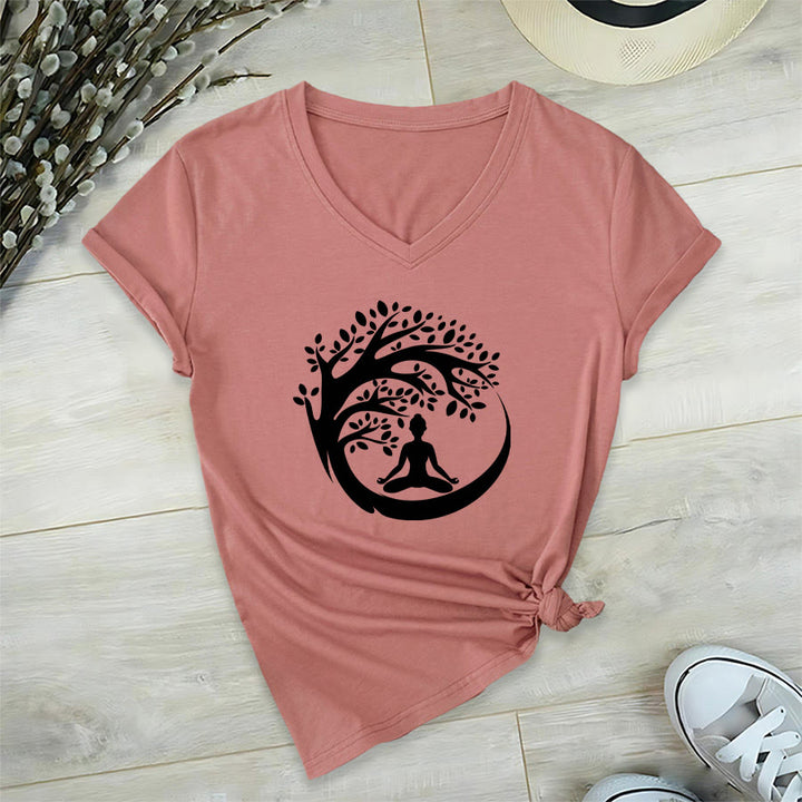 Maglietta da donna con scollo a V Olivenorma Enso Circle Tree Branch Meditation Silhouette Graphic. - Rosa - 2XL - image 0