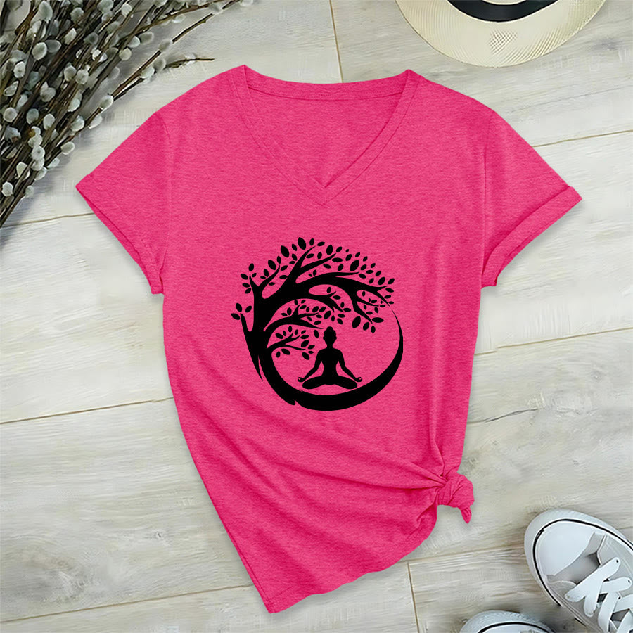 Maglietta da donna con scollo a V Olivenorma Enso Circle Tree Branch Meditation Silhouette Graphic. - Rosso rosa - 2XL - image 33