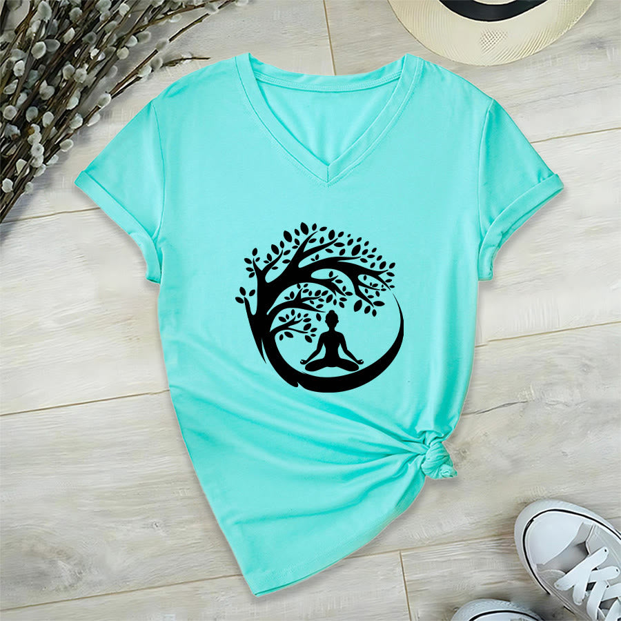 Maglietta da donna con scollo a V Olivenorma Enso Circle Tree Branch Meditation Silhouette Graphic. - Lago Blu - 2XL - image 15