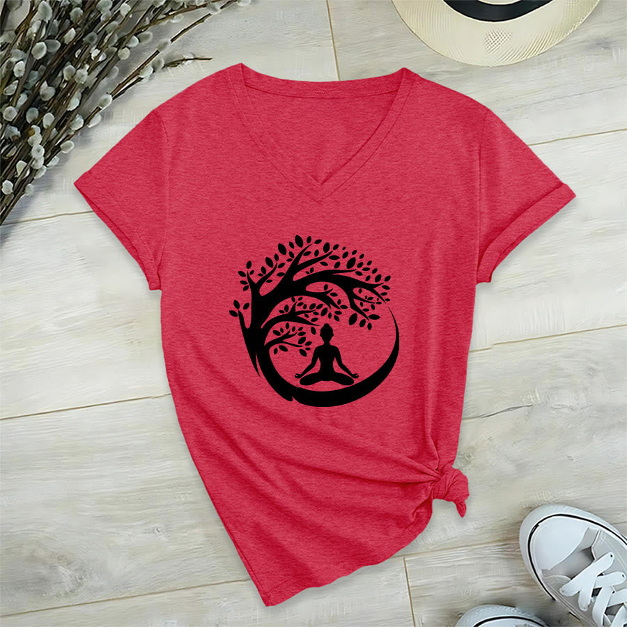 Maglietta da donna con scollo a V Olivenorma Enso Circle Tree Branch Meditation Silhouette Graphic. - Rosso - 2XL - image 27