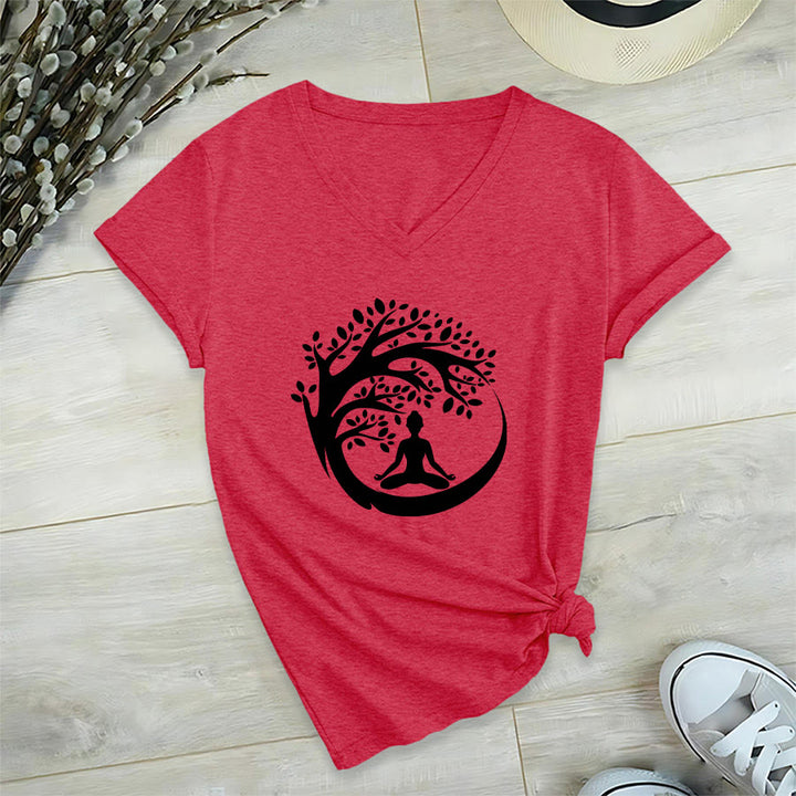 Maglietta da donna con scollo a V Olivenorma Enso Circle Tree Branch Meditation Silhouette Graphic. - Rosso - 2XL - image 27
