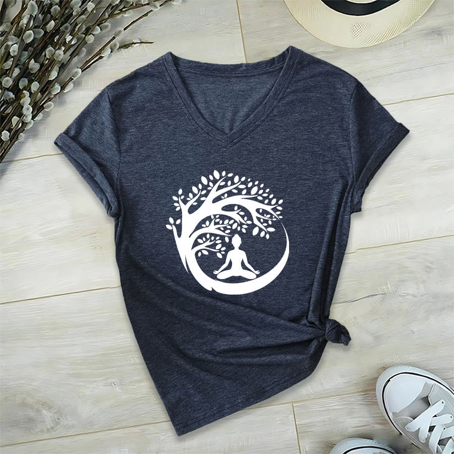 Maglietta da donna con scollo a V Olivenorma Enso Circle Tree Branch Meditation Silhouette Graphic. - Blu navy - 2XL - image 24