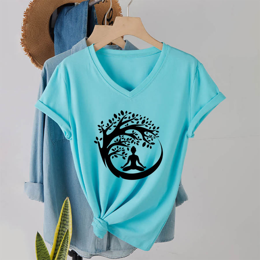 Maglietta da donna con scollo a V Olivenorma Enso Circle Tree Branch Meditation Silhouette Graphic. - image 16