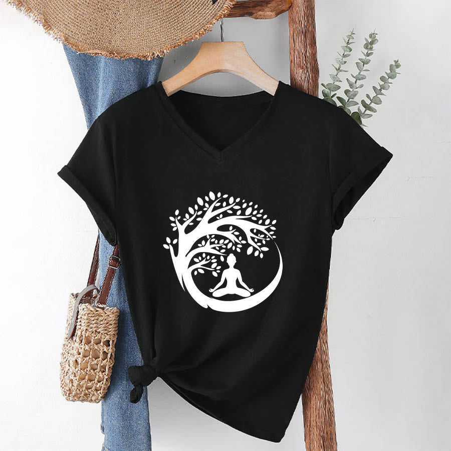 Maglietta da donna con scollo a V Olivenorma Enso Circle Tree Branch Meditation Silhouette Graphic. - image 19