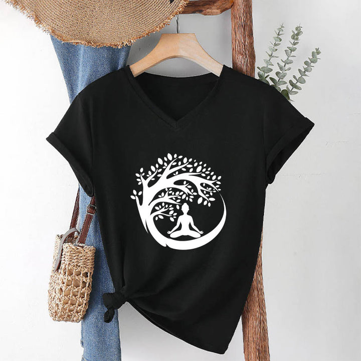 Maglietta da donna con scollo a V Olivenorma Enso Circle Tree Branch Meditation Silhouette Graphic. - image 19