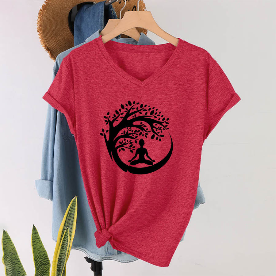 Maglietta da donna con scollo a V Olivenorma Enso Circle Tree Branch Meditation Silhouette Graphic. - image 28