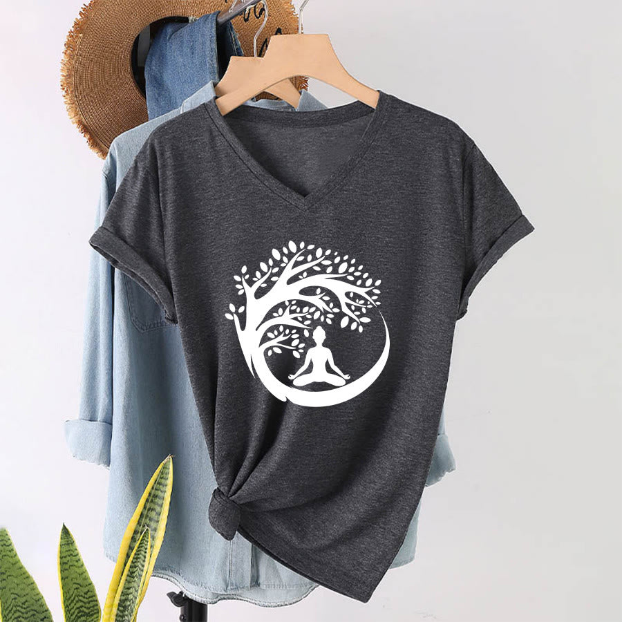 Maglietta da donna con scollo a V Olivenorma Enso Circle Tree Branch Meditation Silhouette Graphic. - image 22