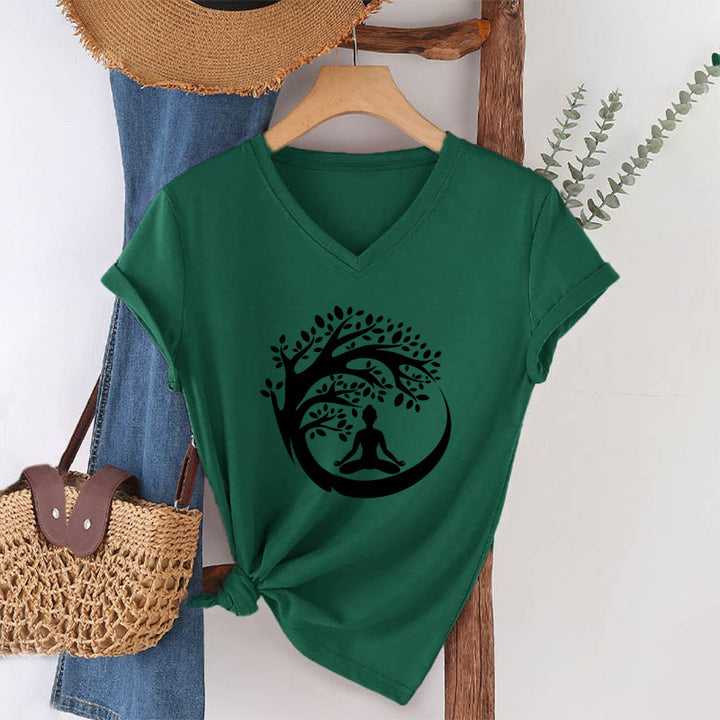 Maglietta da donna con scollo a V Olivenorma Enso Circle Tree Branch Meditation Silhouette Graphic. - image 7