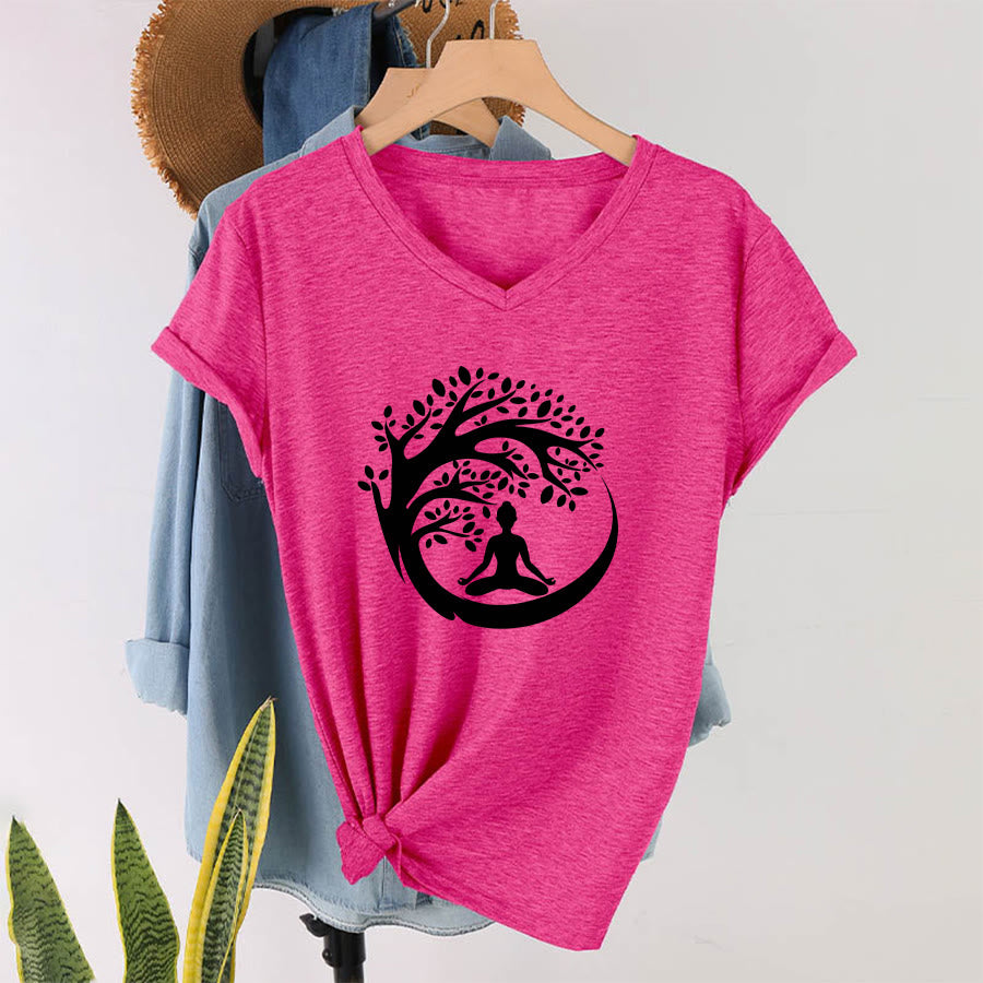 Maglietta da donna con scollo a V Olivenorma Enso Circle Tree Branch Meditation Silhouette Graphic. - image 34