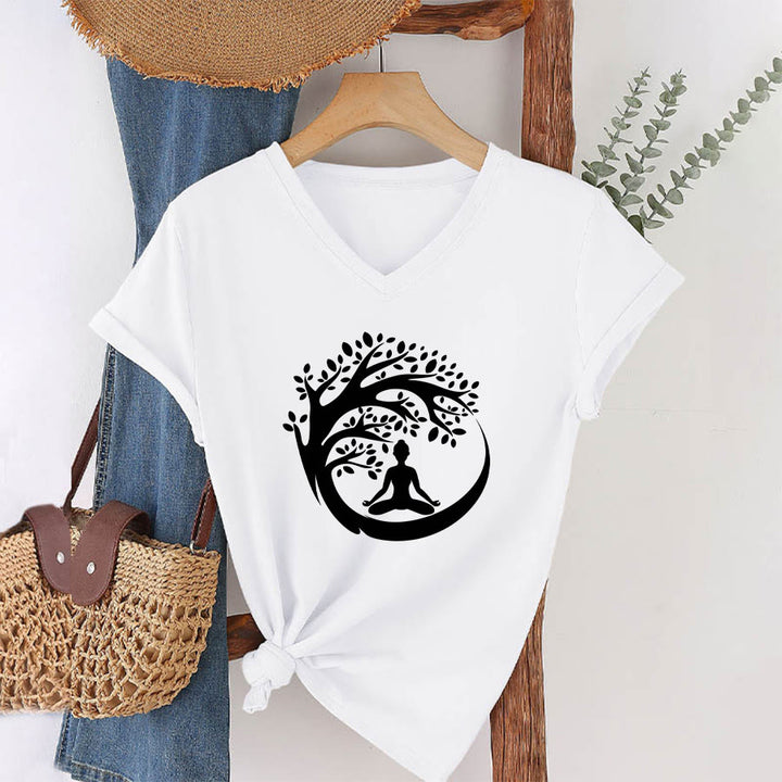 Maglietta da donna con scollo a V Olivenorma Enso Circle Tree Branch Meditation Silhouette Graphic. - image 4
