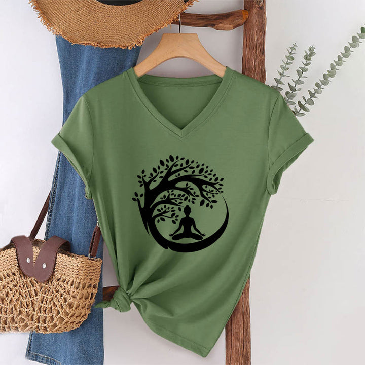 Maglietta da donna con scollo a V Olivenorma Enso Circle Tree Branch Meditation Silhouette Graphic. - image 10