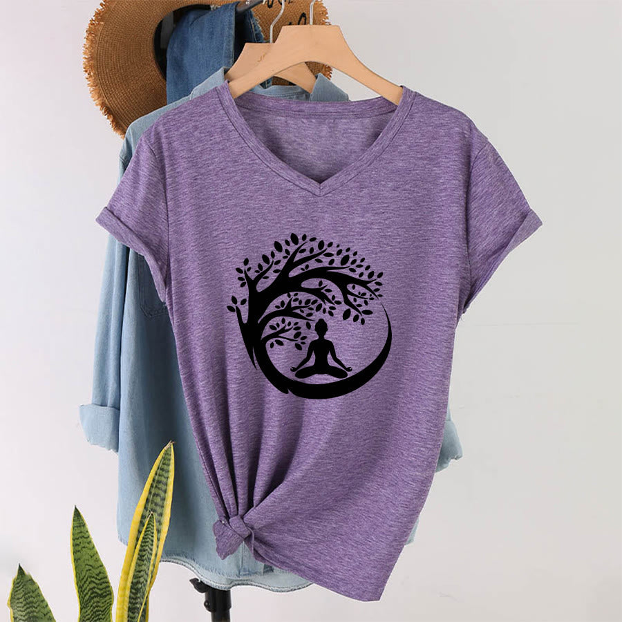 Maglietta da donna con scollo a V Olivenorma Enso Circle Tree Branch Meditation Silhouette Graphic. - image 37