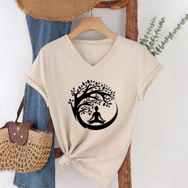Maglietta da donna con scollo a V Olivenorma Enso Circle Tree Branch Meditation Silhouette Graphic. - image 13