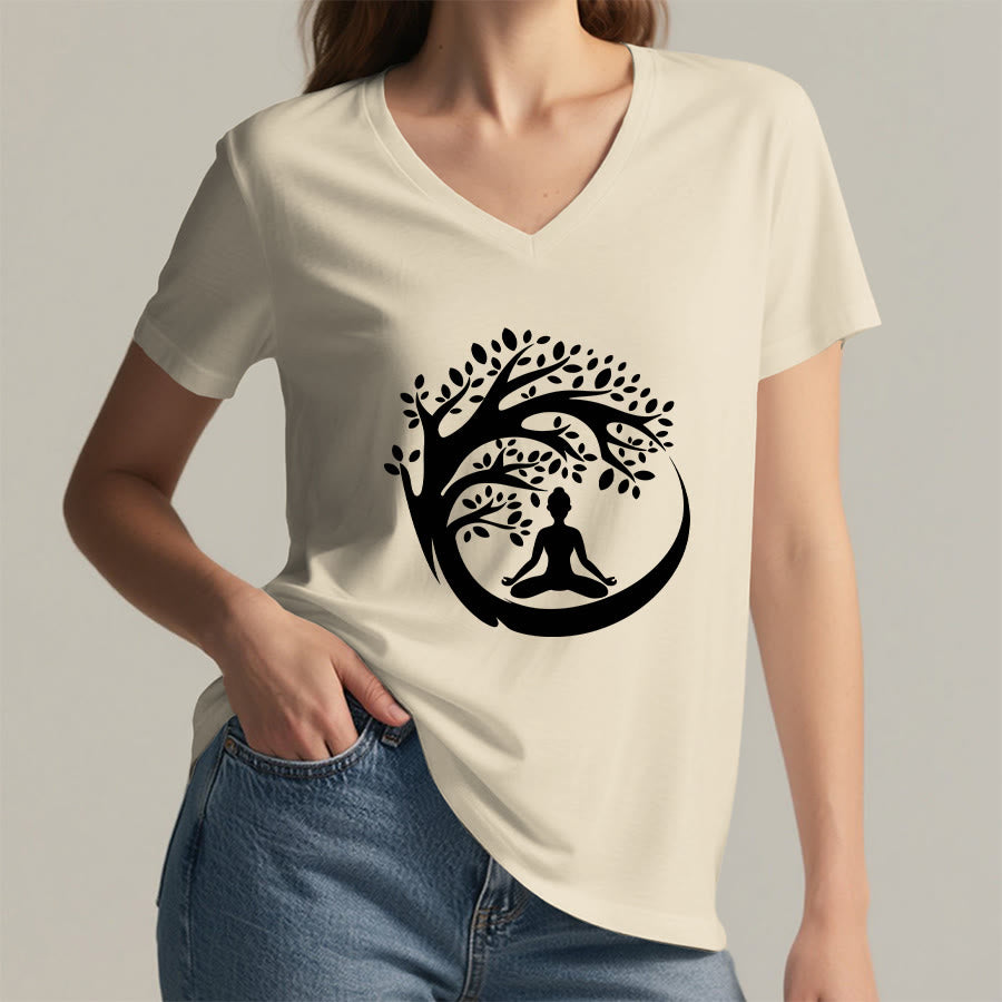 Maglietta da donna con scollo a V Olivenorma Enso Circle Tree Branch Meditation Silhouette Graphic. - image 14