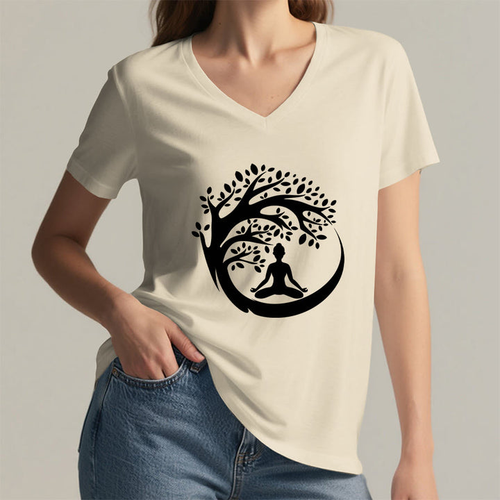 Maglietta da donna con scollo a V Olivenorma Enso Circle Tree Branch Meditation Silhouette Graphic. - image 14