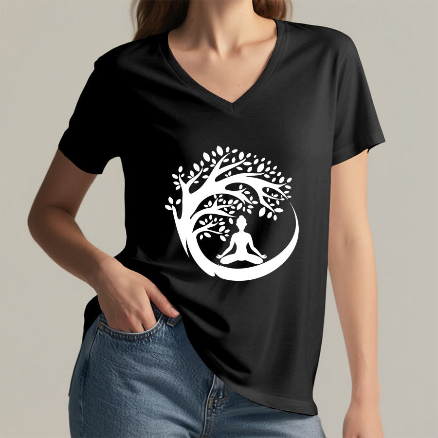 Maglietta da donna con scollo a V Olivenorma Enso Circle Tree Branch Meditation Silhouette Graphic. - image 20
