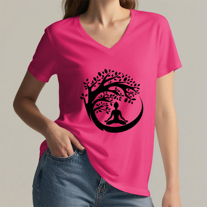 Maglietta da donna con scollo a V Olivenorma Enso Circle Tree Branch Meditation Silhouette Graphic. - image 35