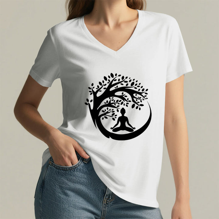 Maglietta da donna con scollo a V Olivenorma Enso Circle Tree Branch Meditation Silhouette Graphic. - image 5