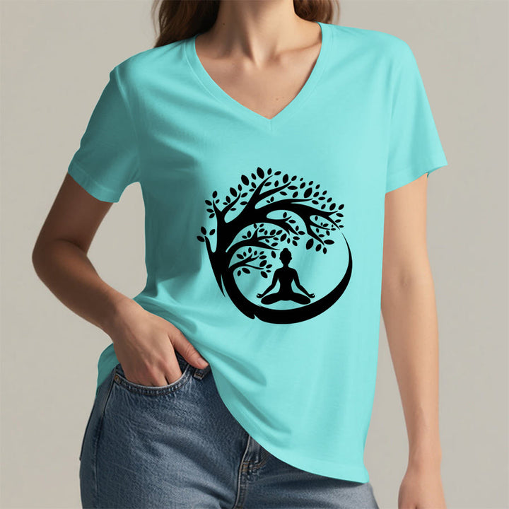 Maglietta da donna con scollo a V Olivenorma Enso Circle Tree Branch Meditation Silhouette Graphic. - image 17