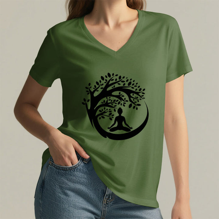 Maglietta da donna con scollo a V Olivenorma Enso Circle Tree Branch Meditation Silhouette Graphic. - image 11