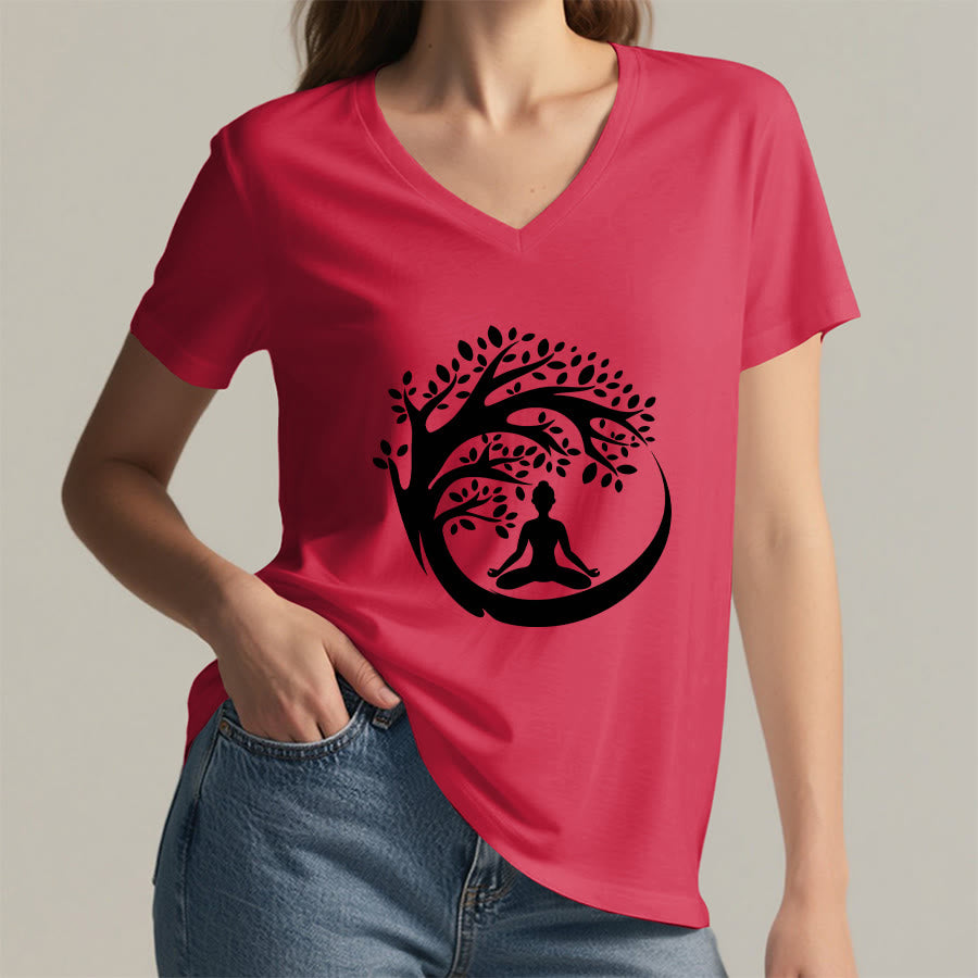 Maglietta da donna con scollo a V Olivenorma Enso Circle Tree Branch Meditation Silhouette Graphic. - image 29