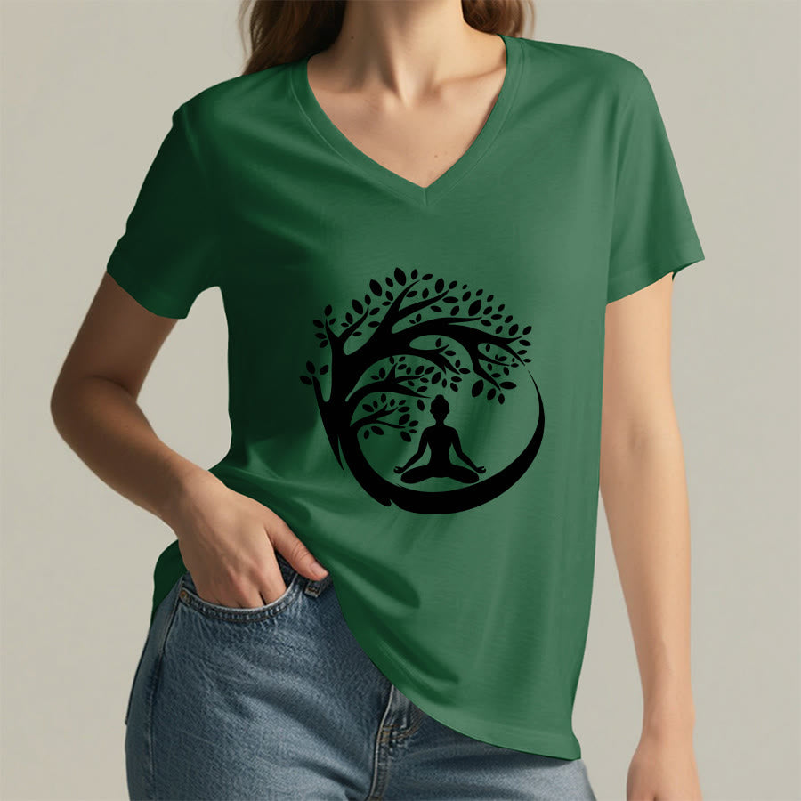 Maglietta da donna con scollo a V Olivenorma Enso Circle Tree Branch Meditation Silhouette Graphic. - image 8
