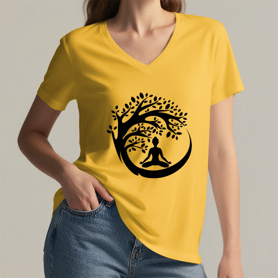 Maglietta da donna con scollo a V Olivenorma Enso Circle Tree Branch Meditation Silhouette Graphic. - image 32