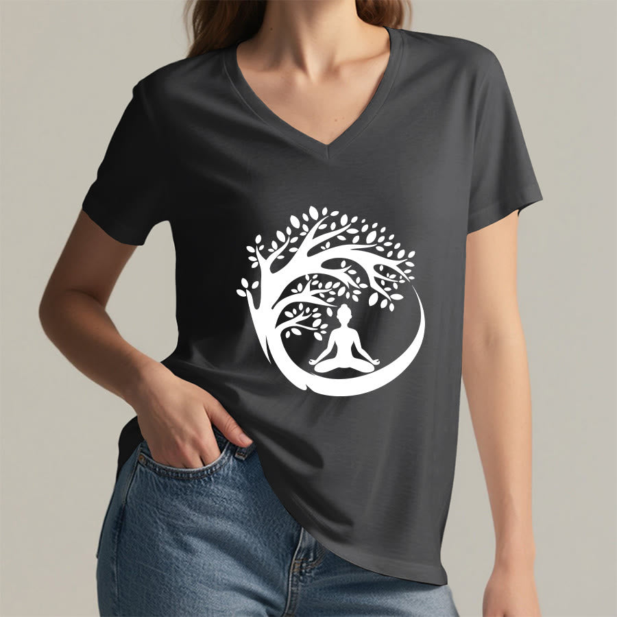 Maglietta da donna con scollo a V Olivenorma Enso Circle Tree Branch Meditation Silhouette Graphic. - image 23