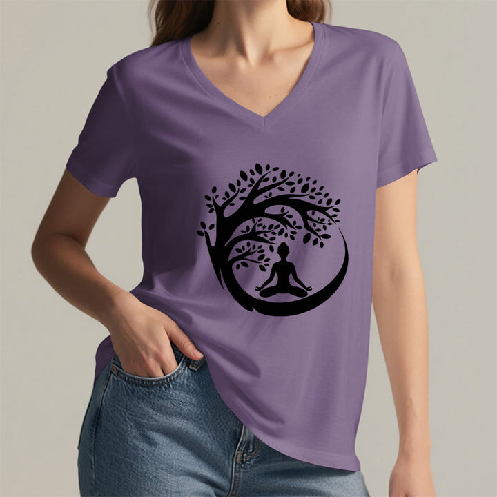 Maglietta da donna con scollo a V Olivenorma Enso Circle Tree Branch Meditation Silhouette Graphic. - image 38