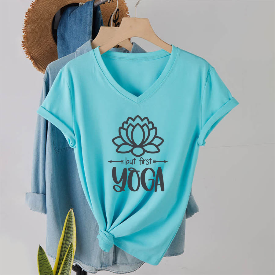 Olivenorma But First Yoga Simple Outline Lotus Text Graphic Women's V Neck T-Shirt - Lago Blu - 2XL - image 16