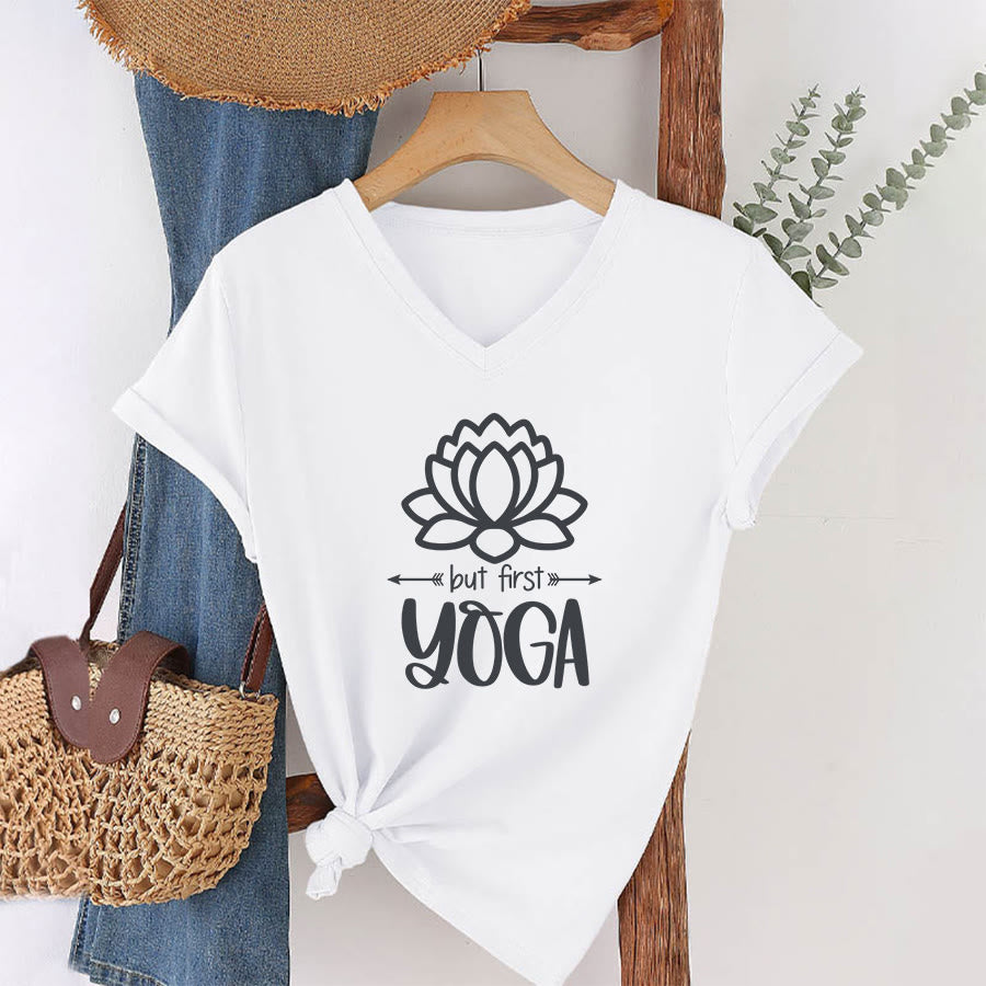 Olivenorma But First Yoga Simple Outline Lotus Text Graphic Women's V Neck T-Shirt - Bianco - 2XL - image 4