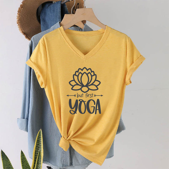 Olivenorma But First Yoga Simple Outline Lotus Text Graphic Women's V Neck T-Shirt - Giallo - 2XL - image 31