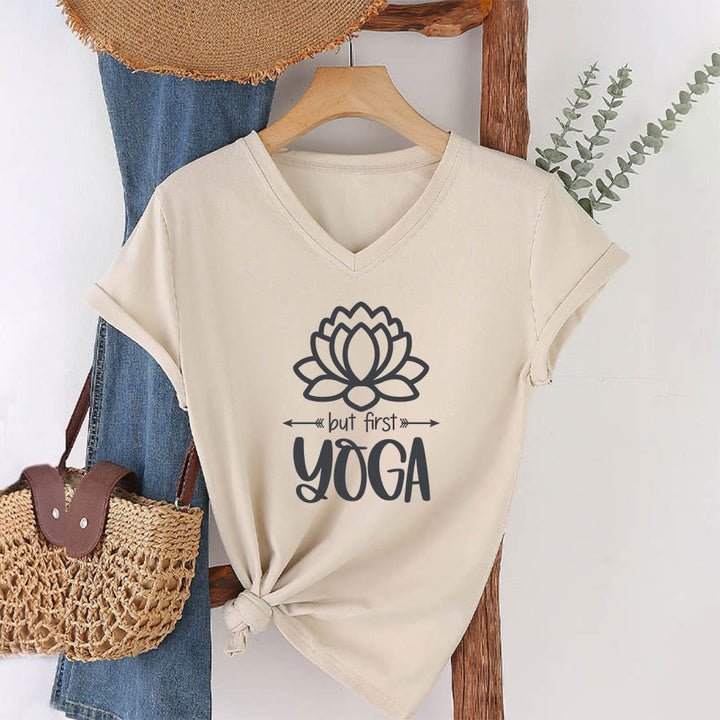 Olivenorma But First Yoga Simple Outline Lotus Text Graphic Women's V Neck T-Shirt - Cachi - 2XL - image 10