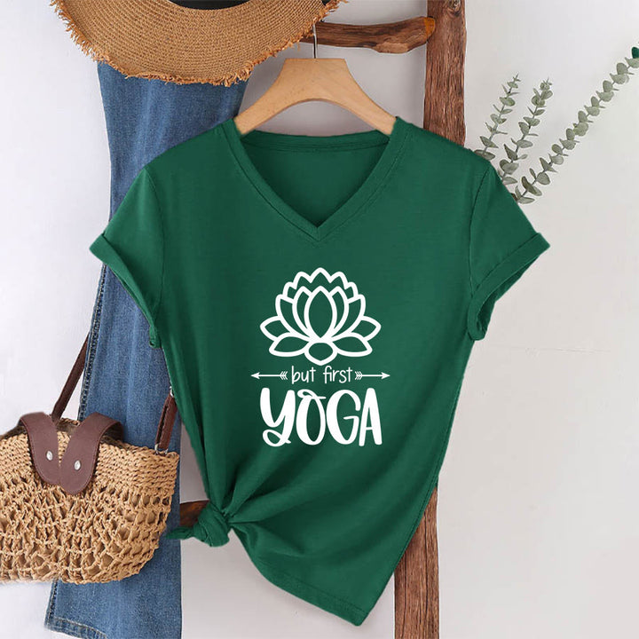 Olivenorma But First Yoga Simple Outline Lotus Text Graphic Women's V Neck T-Shirt - Verde scuro - 2XL - image 7