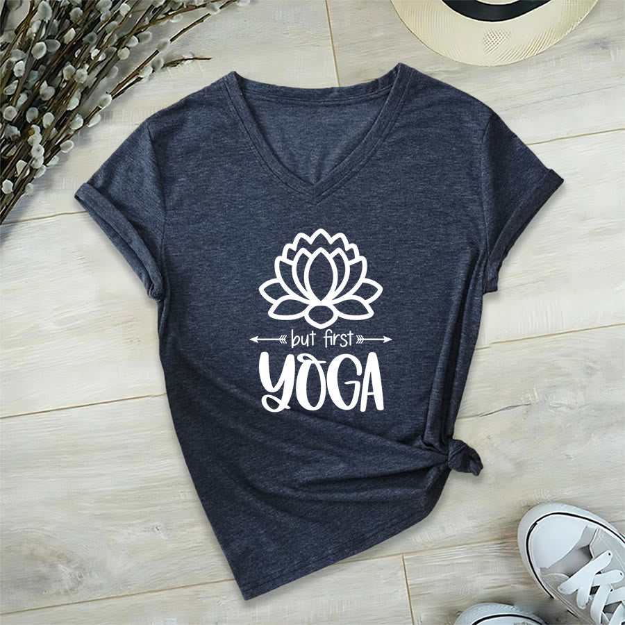 Olivenorma But First Yoga Simple Outline Lotus Text Graphic Women's V Neck T-Shirt - image 24