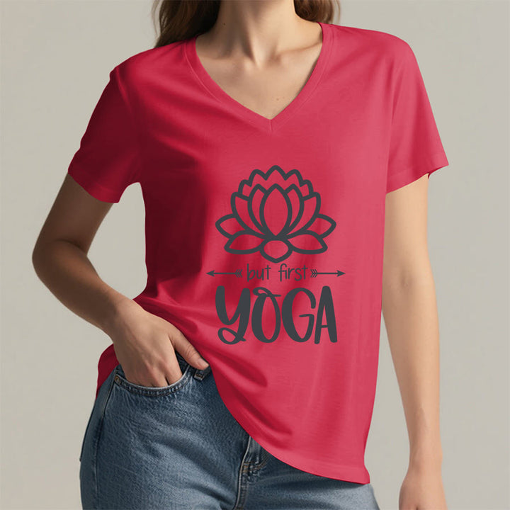 Olivenorma But First Yoga Simple Outline Lotus Text Graphic Women's V Neck T-Shirt - image 29
