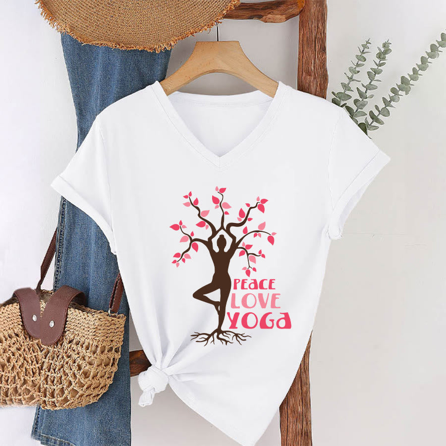 Maglietta da donna con scollo a V Olivenorma Peace Love Yoga Tree Pose Tree Of Life Graphic - Bianco - 2XL - image 1