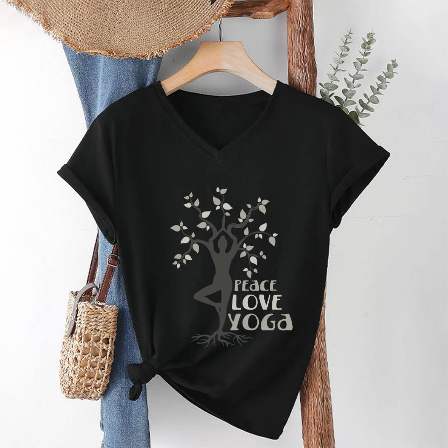 Maglietta da donna con scollo a V Olivenorma Peace Love Yoga Tree Pose Tree Of Life Graphic - Nero - 2XL - image 19